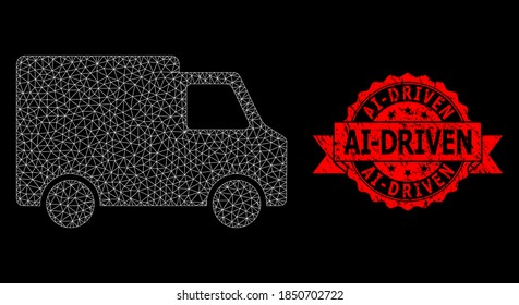 Auto de la furgoneta polígona de malla sobre fondo negro, y sello de cinta grunge Ai-Driven. El sello rojo contiene la etiqueta conducida por IA dentro de la cinta. Constelación vectorial creada a partir del icono de la camioneta con malla.