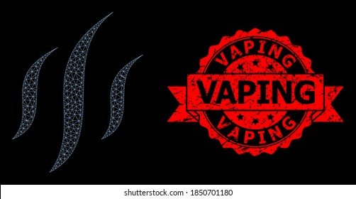 Mesh polygonal vapor on a black background, and Vaping rubber ribbon seal imitation. Red seal contains Vaping caption inside ribbon. Vector model created from vapor icon with mesh.