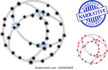 Mesh polygonal virus network icons illustration in lockdown style, and scratched blue round Narrative stamp seal. Model is created from virus network icon with black and red infection nodes.