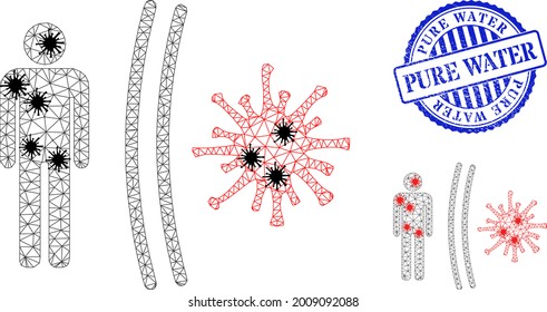 Mesh polygonal virus shield icons illustration in infection style, and rubber blue round Pure Water seal. Abstraction is based on virus shield icon with black and red infectious items.