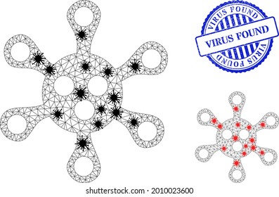 Mesh polygonal virus symbols illustration in lockdown style, and textured blue round Virus Found seal. Carcass model is based on virus icon with black and red virus elements.