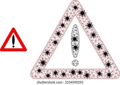 Ilustración del símbolo de advertencia poligonal de malla en estilo de brote. El modelo de canal se crea a partir del icono de señal de advertencia con centros infecciosos negros.