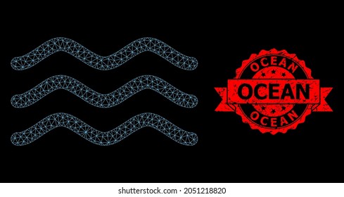 Mesh polygonal water surface on a black background, and Ocean rubber ribbon stamp seal. Red stamp seal has Ocean text inside ribbon.