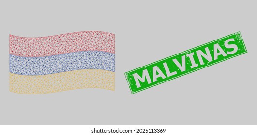 Mesh polygonal waving Armenia flag and scratched Malvinas rectangle badge. Abstraction is designed on waving Armenia flag. Green rectangle Malvinas scratched seal.