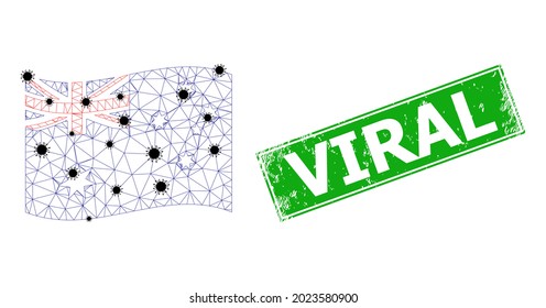 Mesh polygonal waving Australia flag with infection items and grunge Viral rectangle stamp. Carcass model is created from waving Australia flag with black Covid particles.