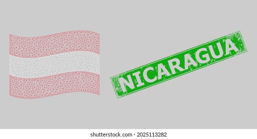 Mesh polygonal waving Austria flag and scratched Nicaragua rectangle seal. Model is based on waving Austria flag. Green rectangle Nicaragua distress seal stamp.