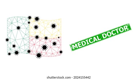 Mesh polygonal waving Benin flag with outbreak items and grunge Medical Doctor rectangle badge. Model is designed on windy Benin flag with black infection nodes.