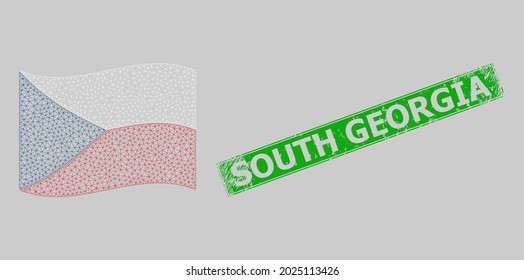 Mesh polygonal waving Czech flag and distress South Georgia rectangle watermark. Carcass model is designed on waving Czech flag. Green rectangle South Georgia distress stamp.