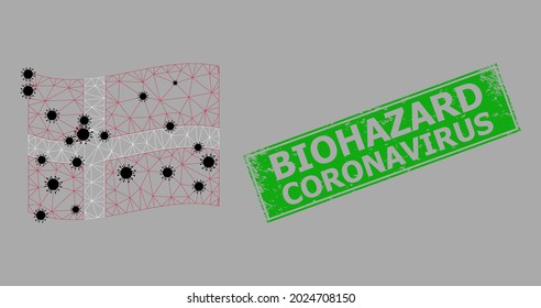 Mesh polygonal waving Denmark flag with outbreak particles and scratched Biohazard Coronavirus rectangle seal. Abstraction is designed on windy Denmark flag with black virus particles.