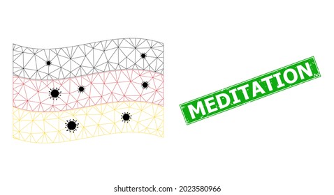 Mesh polygonal waving Germany flag with virus items and scratched Meditation rectangle seal. Abstraction is designed on windy Germany flag with black infection items.