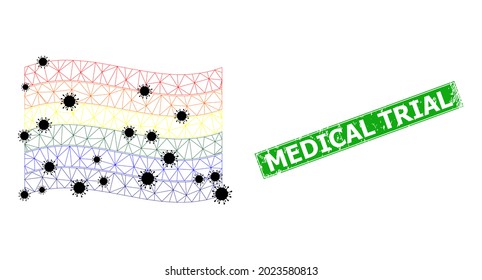 Mesh polygonal waving LGBT flag with outbreak particles and distress Medical Trial rectangle stamp. Model is based on windy LGBT flag with black coronavirus particles.