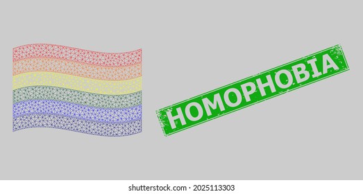 Mesh polygonal waving LGBT flag and distress Homophobia rectangle stamp. Abstraction is designed on windy LGBT flag. Green rectangle Homophobia distress seal stamp.