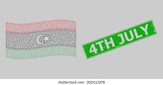 Mesh polygonal waving Libya flag and distress 4Th July rectangle stamp. Model is designed on waving Libya flag. Green rectangular 4Th July grunge stamp.