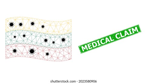Mesh polygonal waving Lithuania flag with virus items and grunge Medical Claim rectangle seal. Carcass model is created from waving Lithuania flag with black Covid items.