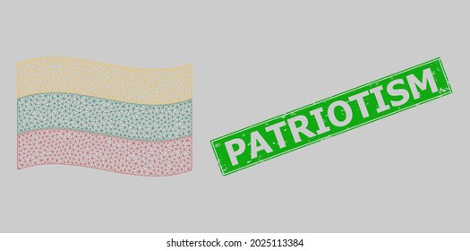 Malla poligonal ondulando la bandera de Lituania y la angustia Sello rectangular de Patriotismo. El modelo de canales está diseñado para ondear la bandera de Lituania. Sello verde rectangular de patriotismo.