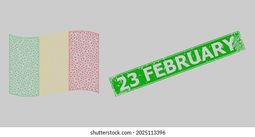 Mesh polygonal waving Mali flag and scratched 23 February rectangle stamp seal. Abstraction is designed on waving Mali flag. Green rectangle 23 February scratched stamp.