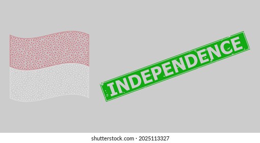 Mesh polygonal waving Monaco flag and scratched Independence rectangle stamp seal. Model is designed on waving Monaco flag. Green rectangle Independence scratched stamp.