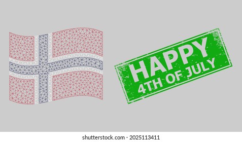 Mesh polygonal waving Norway flag and distress Happy 4Th of July rectangle stamp. Model is designed on windy Norway flag. Green rectangle Happy 4Th of July scratched seal stamp.