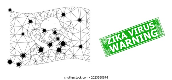 Mesh polygonal waving pirate flag with outbreak particles and scratched Zika Virus Warning rectangle seal. Model is designed on windy pirate flag with black infection particles.