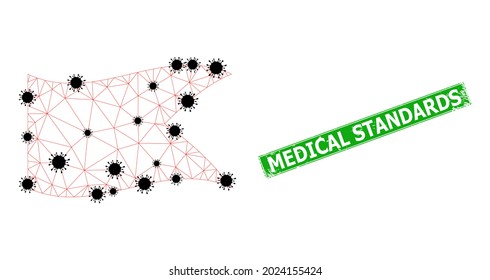 Mesh polygonal waving red guidon flag with lockdown particles and grunge Medical Standards rectangle stamp seal. Abstraction is designed on waving red guidon flag with black virus items.