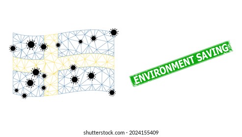 Mesh polygonal waving Sweden flag designed using infection particles and scratched Environment Saving rectangle seal. Model is based on waving Sweden flag with black Covid nodes.