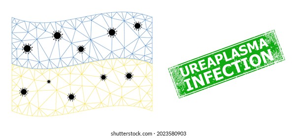 Bandera de Ucrania de malla poligonal ondulada con elementos de brote y sello del rectángulo de Infección de Ureaplasma raspado. El modelo de canal está diseñado para ondear la bandera de Ucrania con nodos infecciosos negros.
