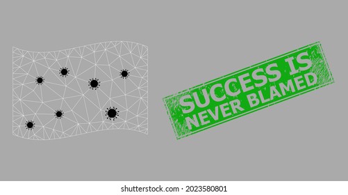 Mesh polygonal waving white flag with infection items and grunge Success Is Never Blamed rectangle watermark. Carcass model is designed on waving white flag with black infection items.