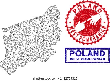 Mesh polygonal West Pomeranian Voivodeship map and grunge seal stamps. Abstract lines and small circles form West Pomeranian Voivodeship map vector model. Round red stamp with connecting hands.