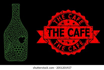 Mesh polygonal wine bottle on a black background, and The Cafe dirty ribbon stamp seal. Red seal contains The Cafe title inside ribbon. Vector model created from wine bottle icon with mesh.