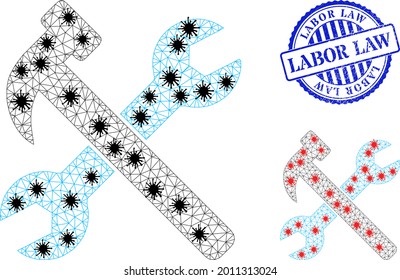 Mesh polygonal wrench and hammer icons illustration in lockdown style, and grunge blue round Labor Law seal. Carcass model is based on wrench and hammer icon with black and red coronavirus centers.