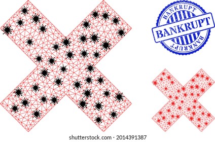 Mesh polygonal x-cross icons illustration with outbreak style, and distress blue round Bankrupt seal. Carcass model is created from x-cross icon with black and red Covid elements.