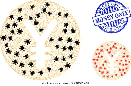 Mesh polygonal yen coin symbols illustration in outbreak style, and grunge blue round Money Only stamp seal. Carcass model is based on yen coin icon with black and red coronavirus items.