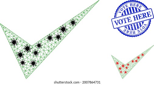 Mesh polygonal yes sign symbols illustration in lockdown style, and scratched blue round Vote Here stamp. Carcass model is based on yes sign icon with black and red coronavirus elements.