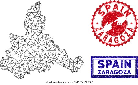 Mesh polygonal Zaragoza Province map and grunge seal stamps. Abstract lines and small circles form Zaragoza Province map vector model. Round red stamp with connecting hands.