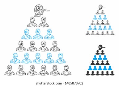Mesh Ponzi pyramid manager model with triangle mosaic icon. Wire carcass polygonal network of Ponzi pyramid manager. Vector mosaic of triangles in different sizes, and color hues.