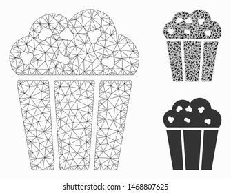 Mesh popcorn bucket model with triangle mosaic icon. Wire frame triangular network of popcorn bucket. Vector mosaic of triangle elements in different sizes, and color tinges.