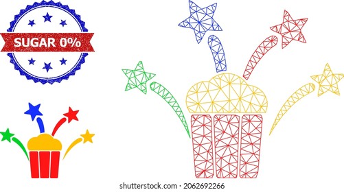 Mesh popcorn fireworks model icon, and bicolor dirty Sugar 0 percent seal stamp. Mesh carcass illustration designed with popcorn fireworks pictogram.
