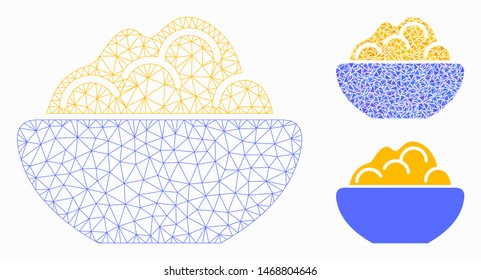 Mesh porridge bowl model with triangle mosaic icon. Wire frame triangular network of porridge bowl. Vector composition of triangle parts in variable sizes, and color hues.