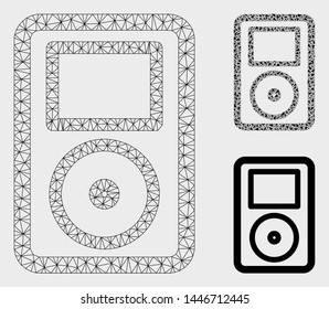 Mesh portable media player model with triangle mosaic icon. Wire carcass triangular mesh of portable media player. Vector mosaic of triangle parts in variable sizes, and color tints.