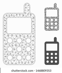 Mesh portable radio transmitter model with triangle mosaic icon. Wire carcass polygonal mesh of portable radio transmitter. Vector mosaic of triangle parts in different sizes, and color hues.