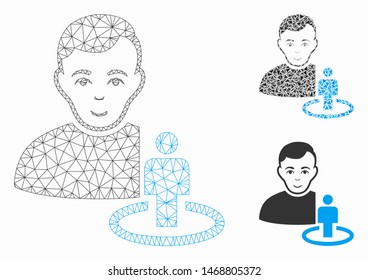 Mesh portal moderator model with triangle mosaic icon. Wire frame triangular mesh of portal moderator. Vector composition of triangle elements in various sizes, and color tinges.