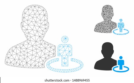 Mesh portal moderator model with triangle mosaic icon. Wire carcass polygonal mesh of portal moderator. Vector mosaic of triangle elements in different sizes, and color shades.