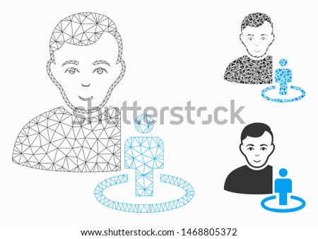 Mesh portal moderator model with triangle mosaic icon. Wire frame triangular mesh of portal moderator. Vector composition of triangle elements in various sizes, and color tinges.