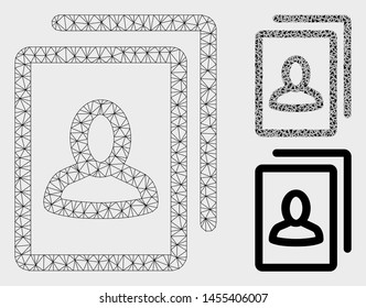 Mesh portrait gallery model with triangle mosaic icon. Wire frame polygonal mesh of portrait gallery. Vector mosaic of triangle elements in various sizes, and color shades.