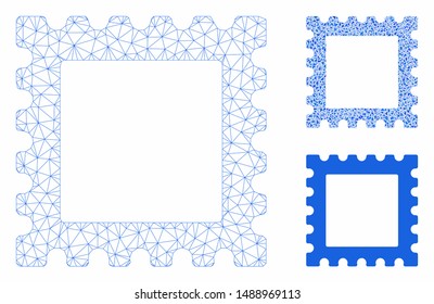 Mesh postage stamp model with triangle mosaic icon. Wire carcass polygonal mesh of postage stamp. Vector mosaic of triangle parts in variable sizes, and color tones. Abstract 2d mesh postage stamp,