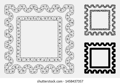 Mesh postal mark model with triangle mosaic icon. Wire carcass polygonal mesh of postal mark. Vector collage of triangle parts in various sizes, and color tinges. Abstract flat mesh postal mark,