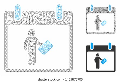 Mesh postman calendar day model with triangle mosaic icon. Wire carcass triangular mesh of postman calendar day. Vector mosaic of triangle elements in different sizes, and color shades.