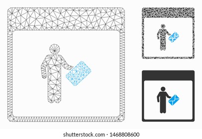 Mesh postman calendar page model with triangle mosaic icon. Wire carcass triangular mesh of postman calendar page. Vector composition of triangle parts in various sizes, and color tones.