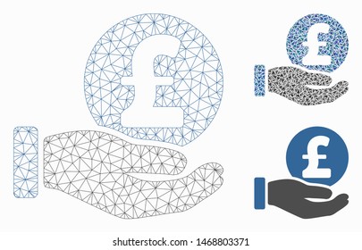 Mesh pound coin payment hand model with triangle mosaic icon. Wire frame triangular mesh of pound coin payment hand. Vector mosaic of triangle elements in different sizes, and color tones.