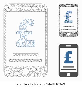 Mesh pound mobile payment model with triangle mosaic icon. Wire carcass triangular mesh of pound mobile payment. Vector mosaic of triangle parts in variable sizes, and color shades.
